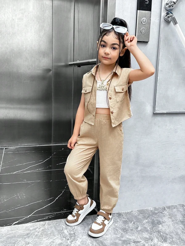 Camisa sin mangas informal y pantalones sueltos a juego para niña joven, aspecto de lino caqui. Adecuado para verano - Imagen 2