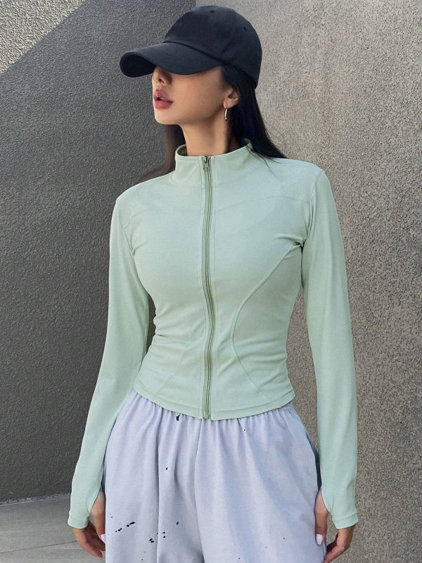 Chaqueta Para Mujer De Color Sólido Con Cremallera Frontal Y Cincha En La Cintura - Imagen 3