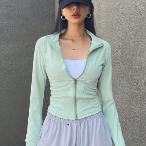 Chaqueta Para Mujer De Color Sólido Con Cremallera Frontal Y Cincha En La Cintura