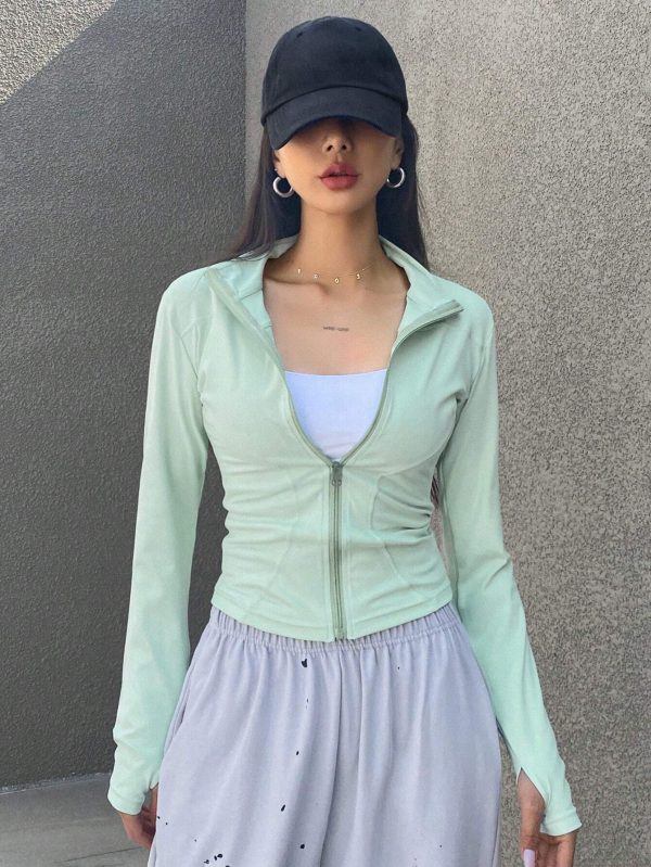 Chaqueta Para Mujer De Color Sólido Con Cremallera Frontal Y Cincha En La Cintura