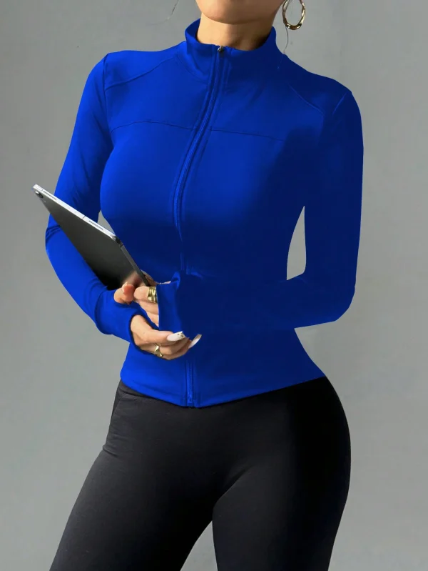 deportiva ajustada para hacer ejercicio con cremallera, Top de yoga de manga