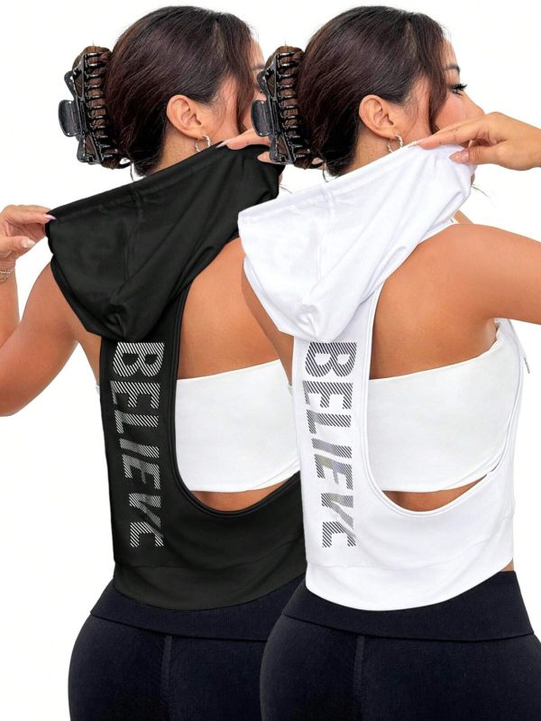 Sudadera deportiva con capucha y estampado en la espalda sin mangas para mujer