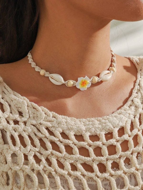 Collar ajustable de mujer con flor de arcilla de polímero y concha natural trenzada - Imagen 2