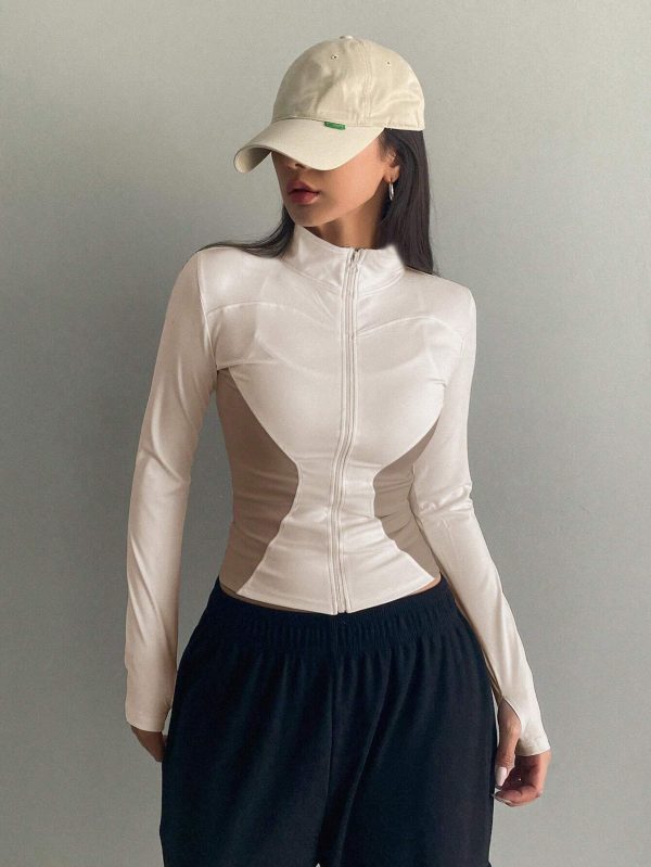 Chaqueta de ajuste ceñido con cuello alto, color block de contraste, casual para mujer en primavera - Imagen 3