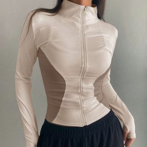 Chaqueta de ajuste ceñido con cuello alto, color block de contraste, casual para mujer en primavera