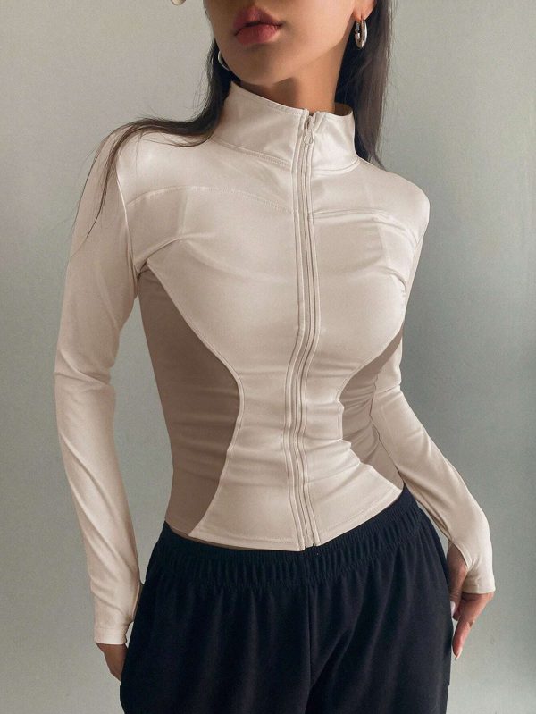 Chaqueta de ajuste ceñido con cuello alto, color block de contraste, casual para mujer en primavera
