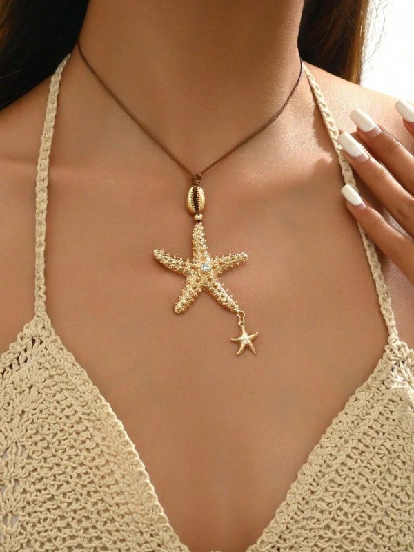 Collar con dije de estrella de playa con eslabones dorados y cordón encerado coreano, de moda - Imagen 2