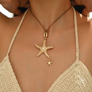 Collar con dije de estrella de playa con eslabones dorados y cordón encerado coreano, de moda