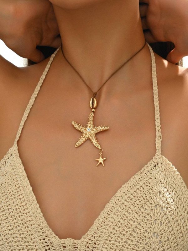Collar con dije de estrella de playa con eslabones dorados y cordón encerado coreano, de moda