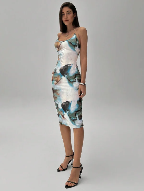 Vestido midi con espalda abierta y estampado de teñido anudado para mujer - Imagen 3