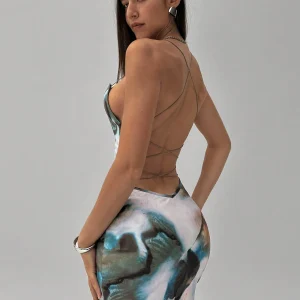 Vestido midi con espalda abierta y estampado de teñido anudado para mujer