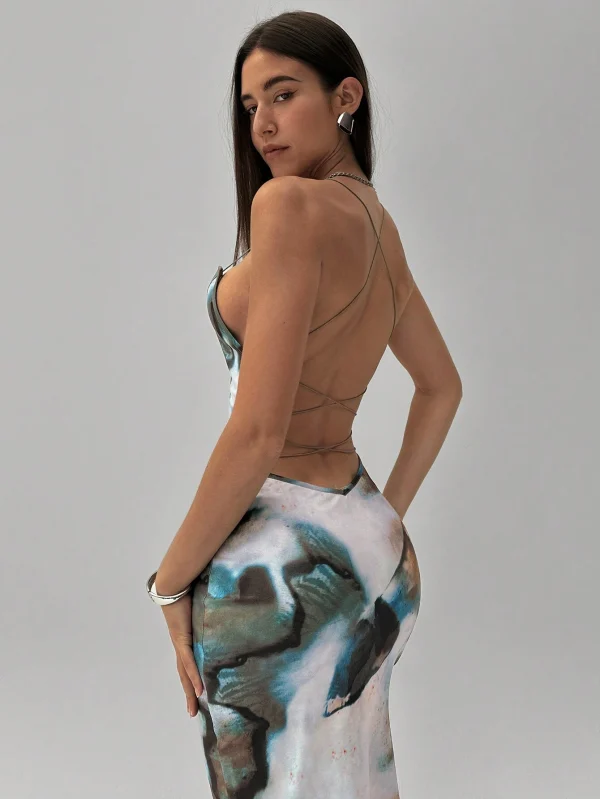 Vestido midi con espalda abierta y estampado de teñido anudado para mujer