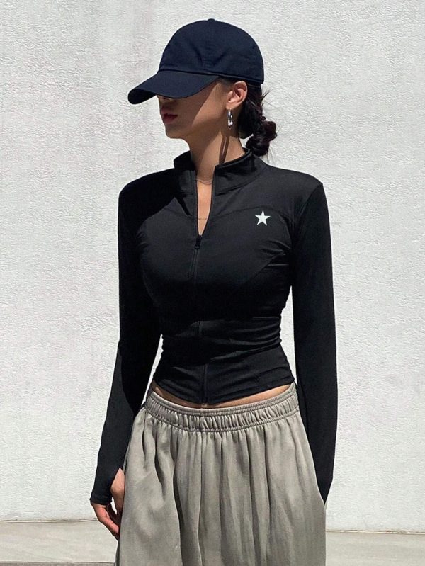 Chaqueta ligera de manga larga con cremallera, cuello alto y estampado de estrellas