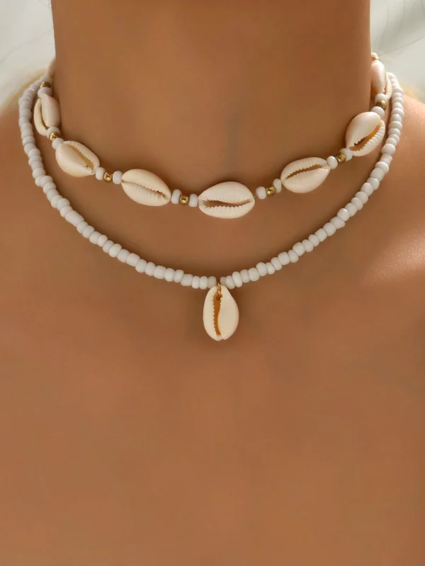 Collar multicapa bohemio con cuentas y colgante de concha para mujeres