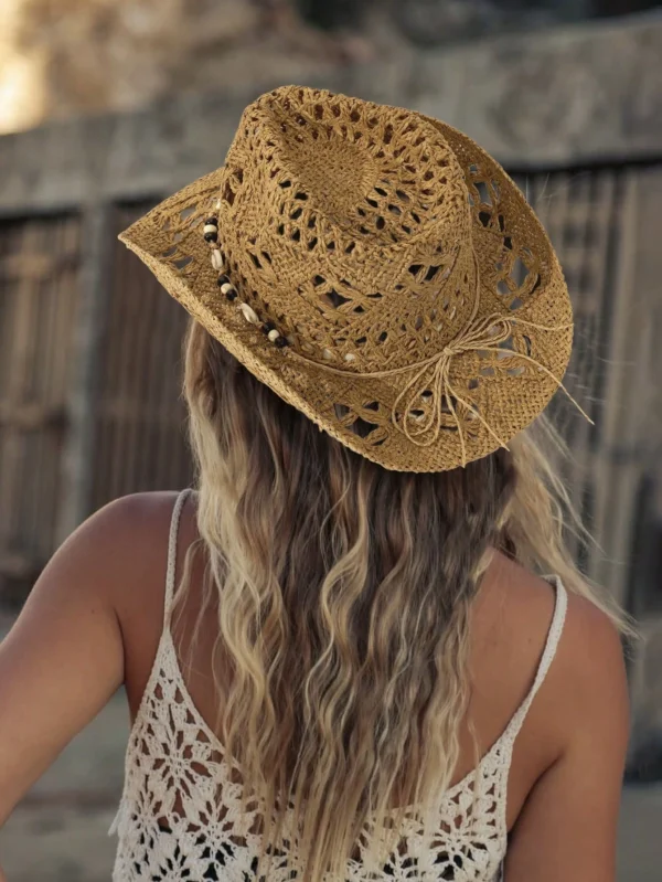 Sombrero de paja bohemio con diseño calado de concha, sombrero occidental de vaquera - Imagen 2