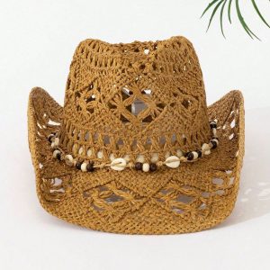 Sombrero de paja bohemio con diseño calado de concha, sombrero occidental de vaquera