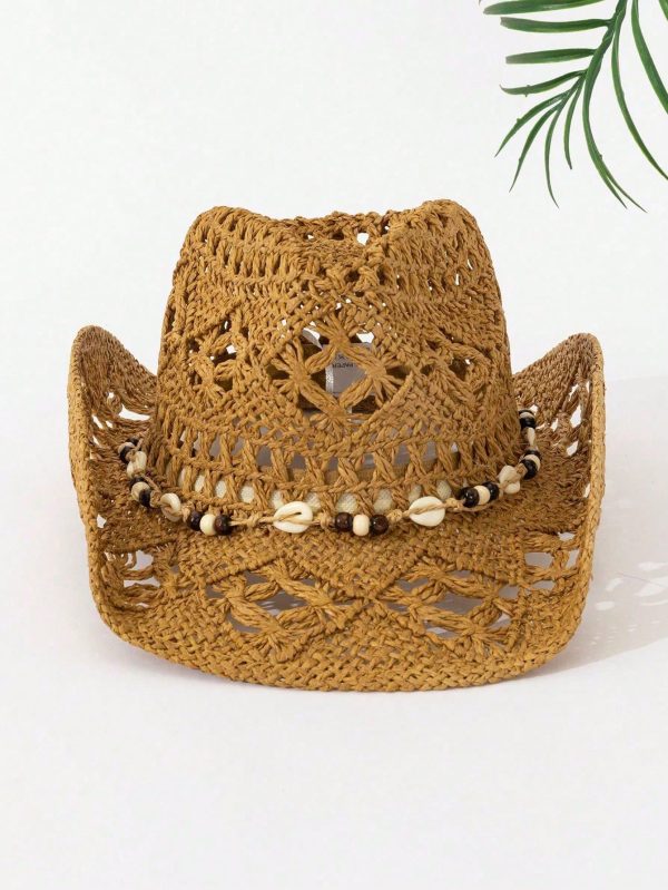 Sombrero de paja bohemio con diseño calado de concha, sombrero occidental de vaquera