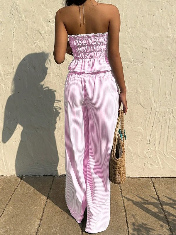Flirla Set de 2 piezas con top de corpiño con volantes y empeine y pantalones a rayas - Imagen 2