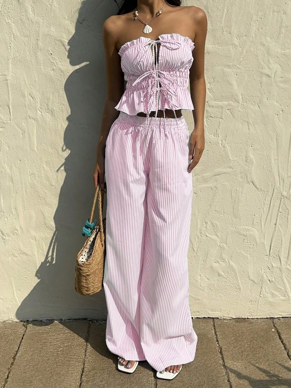 Flirla Set de 2 piezas con top de corpiño con volantes y empeine y pantalones a rayas - Imagen 3