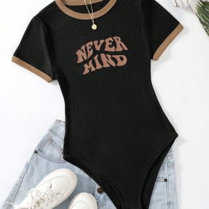 Flirla Body casual de mujer de cuello redondo con manga corta y estampado de eslogan