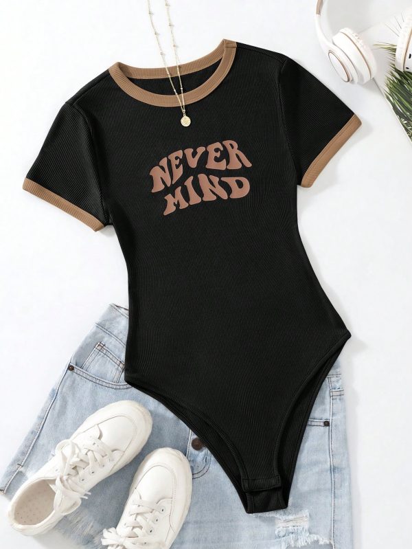 Flirla Body casual de mujer de cuello redondo con manga corta y estampado de eslogan