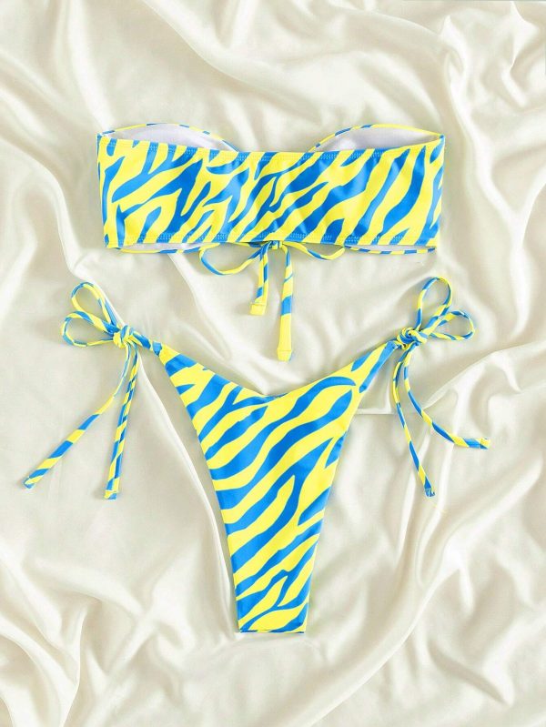 Swim Bañador bikini bandeau de rayas de cebra con cordón - Imagen 2