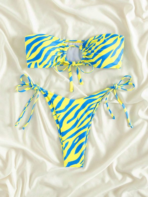 Swim Bañador bikini bandeau de rayas de cebra con cordón - Imagen 3