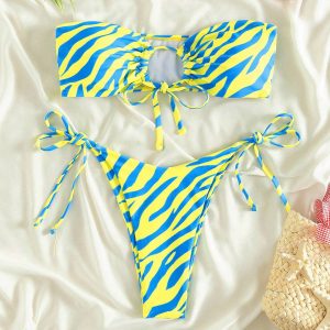 Swim Bañador bikini bandeau de rayas de cebra con cordón