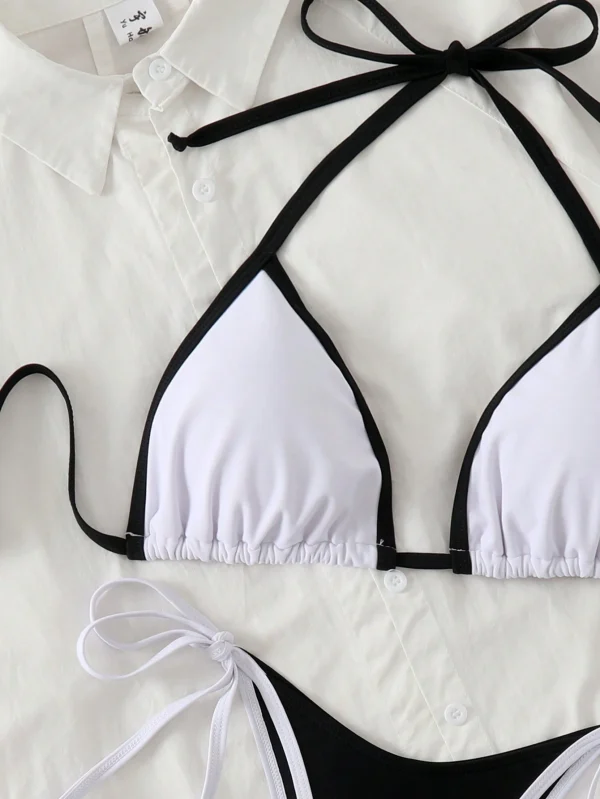 Conjunto de bikini halter de corte cheeky con bloques de color para vacaciones en la playa - Imagen 3