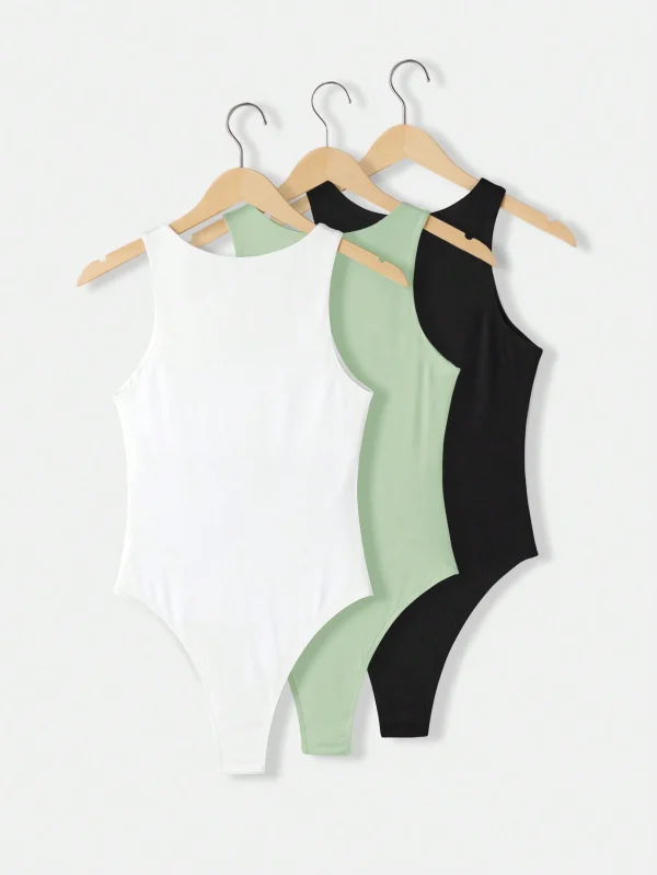 Conjunto de 3 piezas de body ajustado para mujer de color liso - Imagen 2