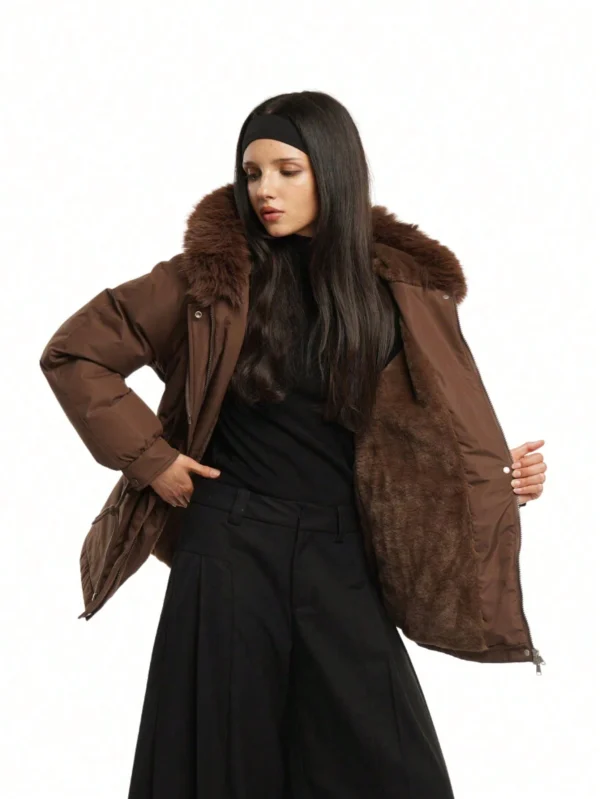 Chaqueta acolchada para mujer, con capucha de piel sintética, parka de invierno - Imagen 2