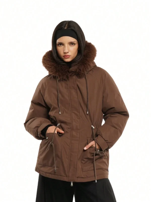 Chaqueta acolchada para mujer, con capucha de piel sintética, parka de invierno - Imagen 3
