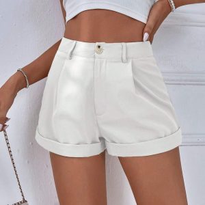 Shorts sencillos y diarios para damas de un solo color con dobladillo enrollado