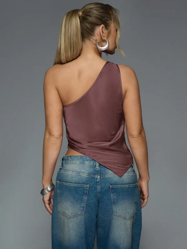 Blusa elegante de satén asimétrica de un solo hombro con detalle de hombro - Imagen 2