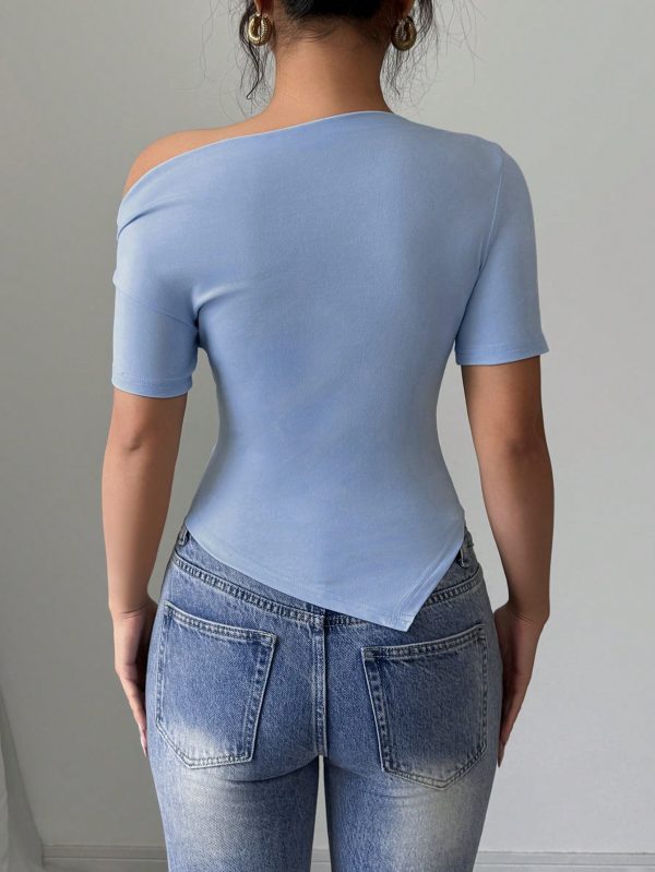 Gloray Camiseta de punto elástico ajustada con volantes y bajo asimétrico para mujer, camiseta casual - Imagen 2