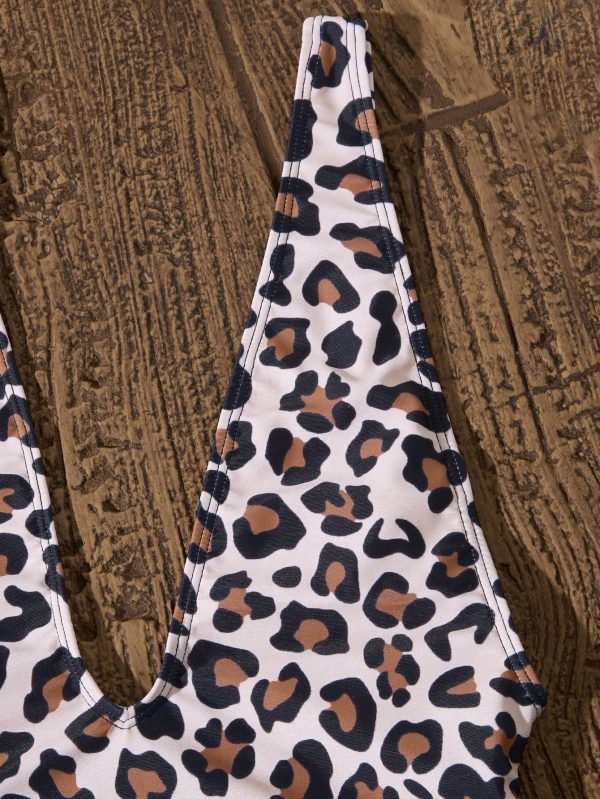 Traje de baño de una pieza sexy de corte alto con estampado de leopardo en escote - Imagen 2