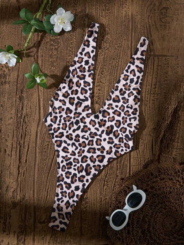 Traje de baño de una pieza sexy de corte alto con estampado de leopardo en escote