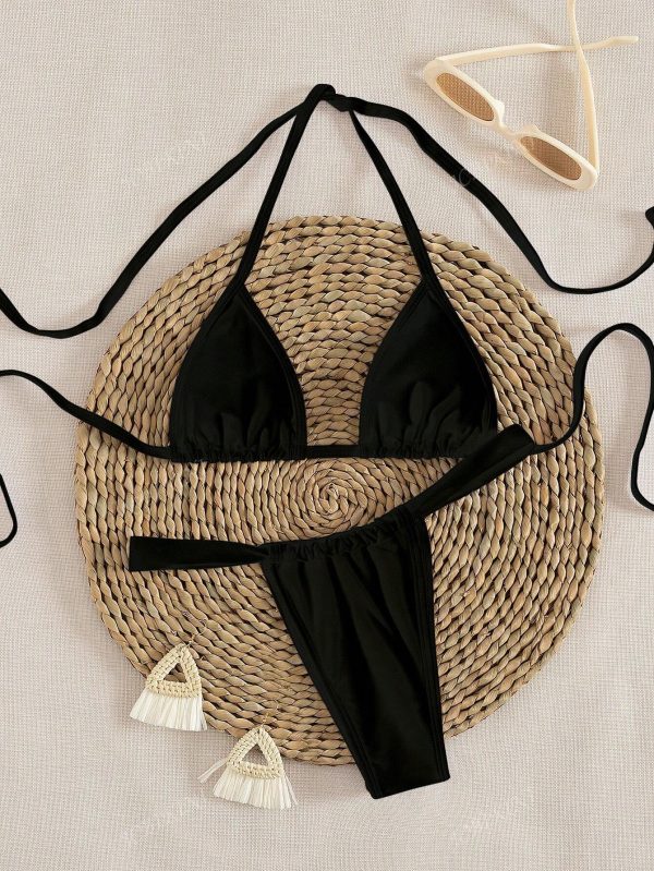 Nuevo conjunto de bikini triangular micro elegante y sexy de unicolor con atar en el cuello - Imagen 2