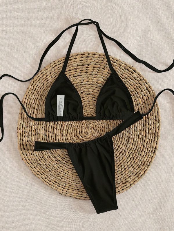 Nuevo conjunto de bikini triangular micro elegante y sexy de unicolor con atar en el cuello - Imagen 3