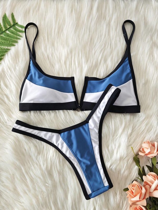 Bikini de ropa de baño de verano con contraste de color y ribete - Imagen 3