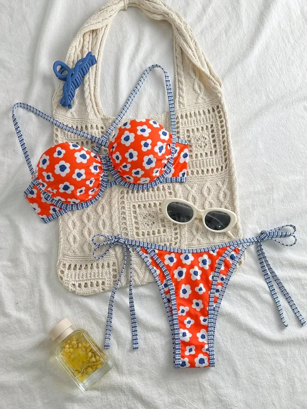 Swim Vcay Conjunto de bikini con push-up, amarres laterales y estampado - Imagen 3