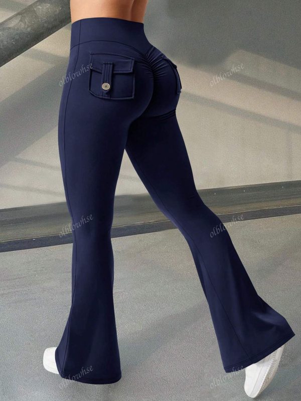 Pantalones cargo con pierna acampanada, elásticos de cintura ancha, de bolsillo