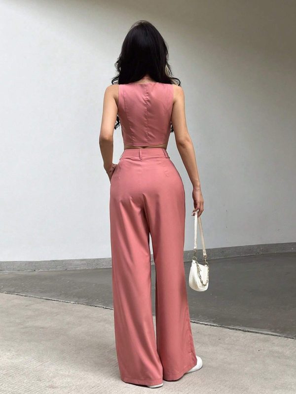 piezas Conjunto casual de chaleco corto de mujer sin mangas de doble botonadura - Imagen 2