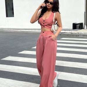 piezas Conjunto casual de chaleco corto de mujer sin mangas de doble botonadura