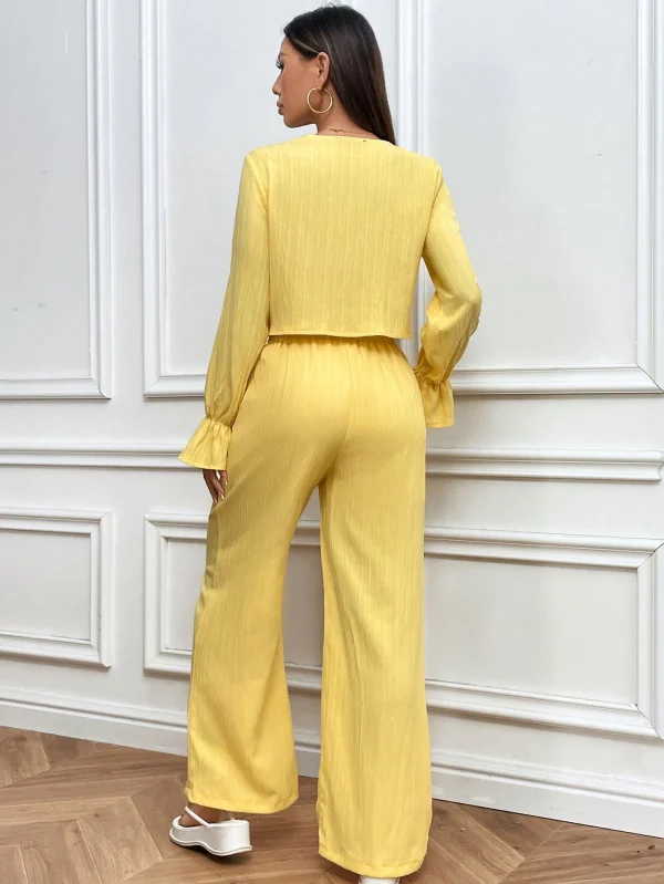 Conjunto informal holgado de unicolor de blusa de manga larga con lazo en el frente y pantalones - Imagen 2