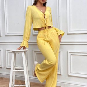 Conjunto informal holgado de unicolor de blusa de manga larga con lazo en el frente y pantalones