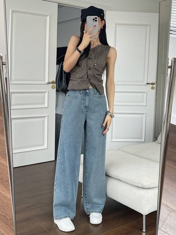 Jeans casuales de mezclilla lavada de pierna recta para mujer - Imagen 3