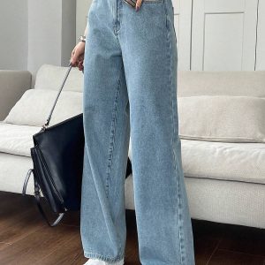 Jeans casuales de mezclilla lavada de pierna recta para mujer