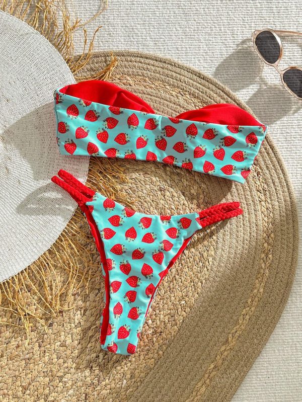 Conjunto de bikini de mujer con estampado de fresa, Top de bandeau retorcida - Imagen 2