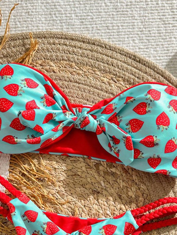 Conjunto de bikini de mujer con estampado de fresa, Top de bandeau retorcida - Imagen 3